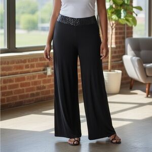 Onyx Nite Black Wide Leg Pants Sequin Waist Stretch Formal Evening Pants L NWT